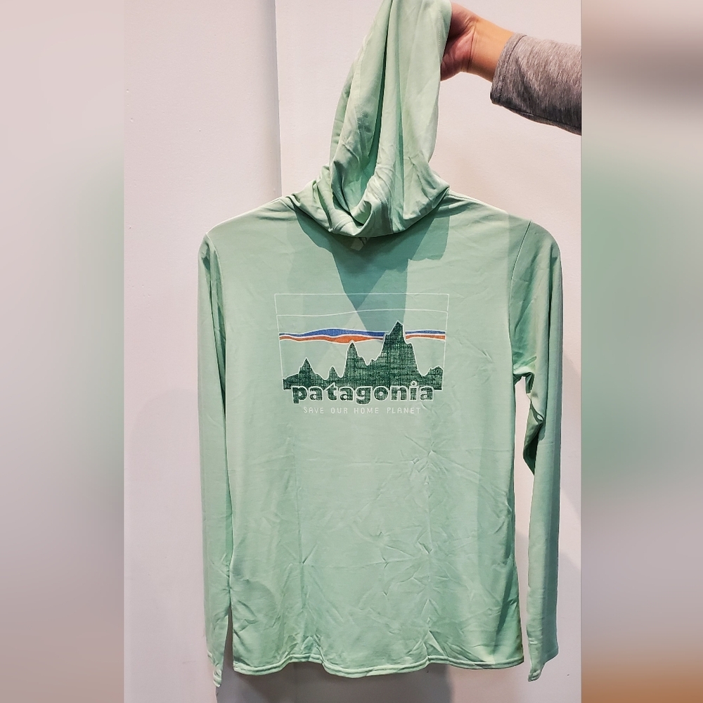 Patagonia Mint Green Long Sleeve Hoodie Tee with Mountain Logo